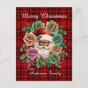 Cartão Postal Feliz Natal Xadrez Vermelha Floral Papai Noel