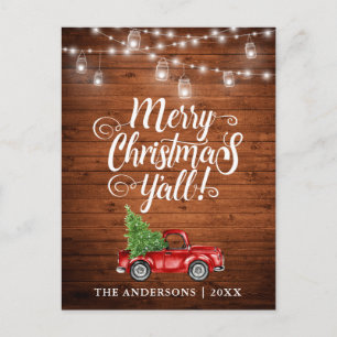 Cartão Postal Feliz Natal Y all Jar Lights Truck Wood
