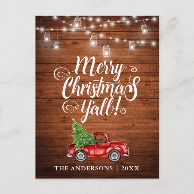 Cartão Postal Feliz Natal Y all Jar Lights Truck Wood (Frente)