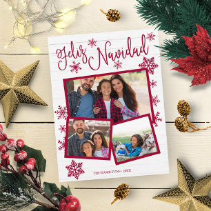Cartão Postal Feliz Navidad Floco de Neve Rústico 3 Fotos Natal