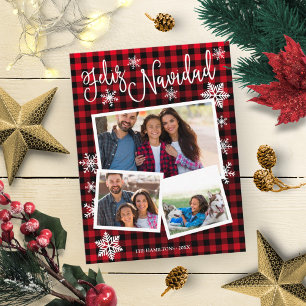 Cartão Postal Feliz Navidad Floco de Neve Rústico 3 Fotos Natal