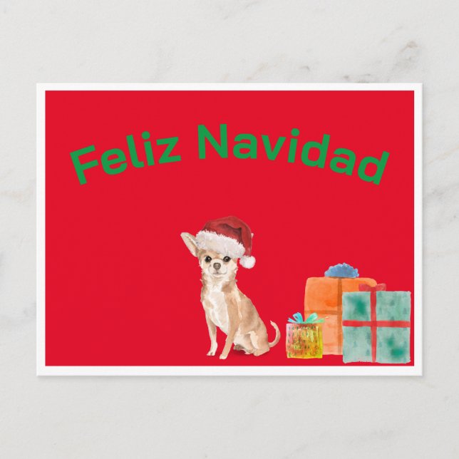Cartão Postal Feliz Navidad Natal Vermelho Chihuahua Cachorro  (Frente)