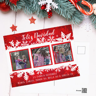 Cartão Postal Feliz Navidad Red Snowflake 3 Foto Festiva Família