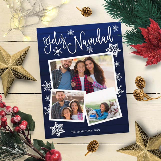 Cartão Postal Feliz Navidad Snowflake Rustic 3 Fotos Natal (Criador carregado)