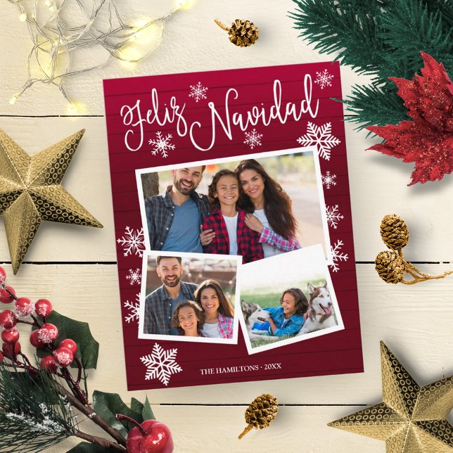 Cartão Postal Feliz Navidad Snowflake Rustic 3 Fotos Natal (Criador carregado)