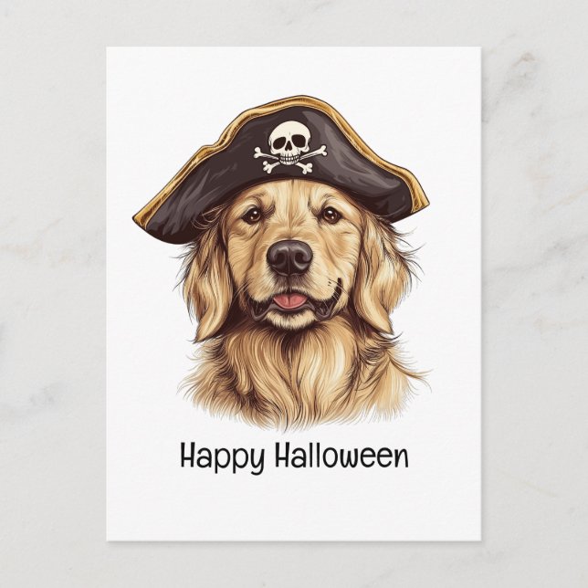 Cartão Postal Feliz Ouro Pirata de Halloween Cachorro de Retriev (Frente)