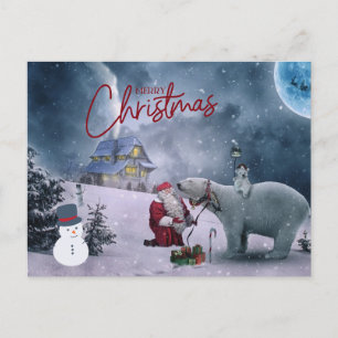 Cartão Postal Feliz Papai noel de Natal e Urso Polar