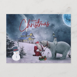 Cartão Postal Feliz Papai noel de Natal e Urso Polar