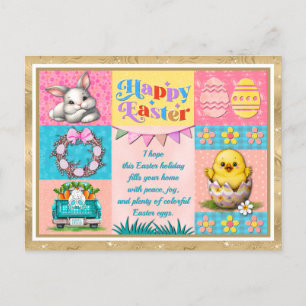 Cartão Postal Feliz Páscoa Alegria com Coelho, Pintinho, Ovos e 