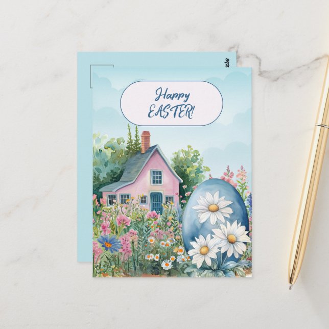 Cartão Postal Feliz Páscoa Casa Ovo de Páscoa Gigante Margaridas (Frente/Verso In Situ)