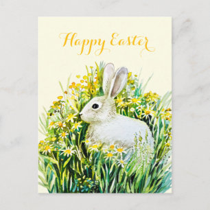 Cartão Postal Feliz Páscoa coelho branco aquarela