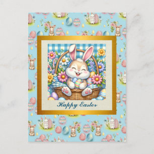 Cartão Postal Feliz Páscoa Com Coelhinho Fofo, Ovos e Floral