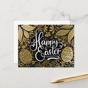 Cartão Postal Feliz Páscoa Elegante Boho Preto e Dourado
