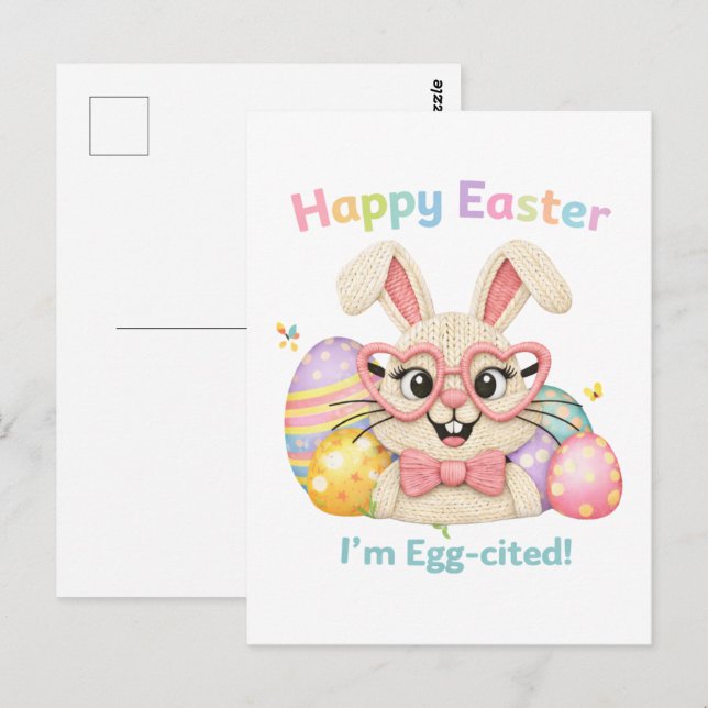 Cartão Postal Feliz Páscoa Estou Egg-citado Coelho  (Frente/Verso)