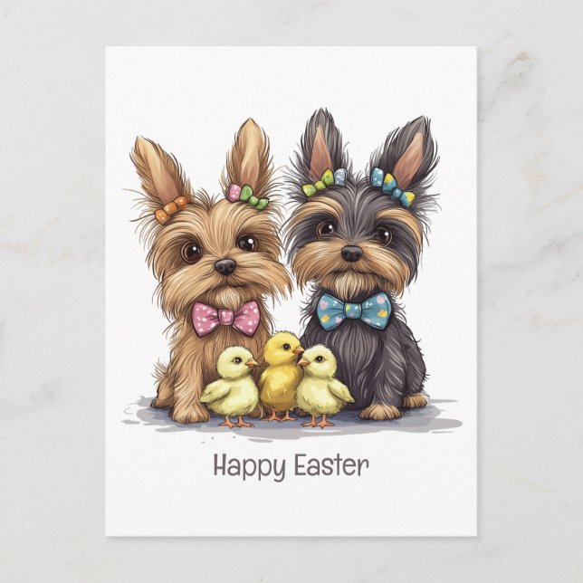Cartão Postal Feliz Páscoa Yorkshire Terrier Cães (Frente)