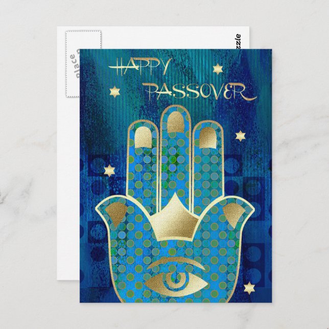 Cartão Postal Feliz Passover. Símbolo de sorte da mão de Hamsa (Frente/Verso)