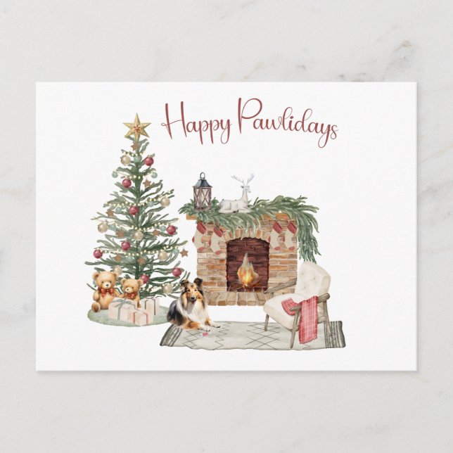 Cartão Postal Feliz Pawlidays Design de Cachorro - Sheltie (Frente)