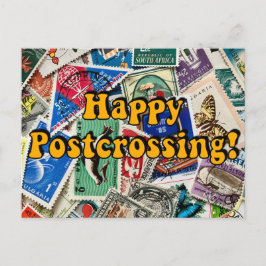 Cartão Postal Feliz Postcrossing! Colagem de Selos Antigos