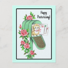 Cartão Postal Feliz Postcrossing! Gatinho Antigo na Caixa de Cor