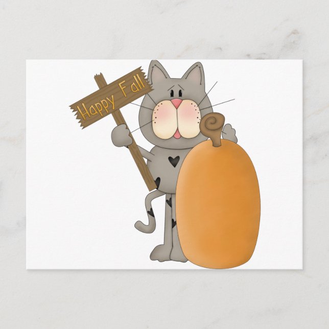 Cartão Postal Feliz Queda Gato com abóbora (Frente)