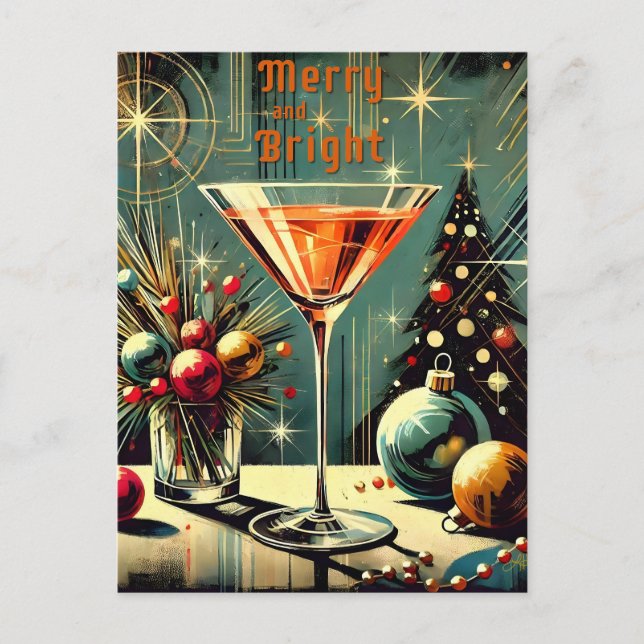 Cartão Postal Feliz retrorativa e Martini de Natal brilhante (Frente)
