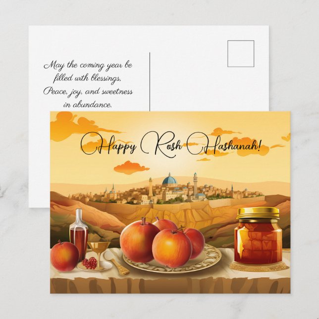 Cartão Postal Feliz Rosh Hashanah com Domo de Rock & apple (Frente/Verso)