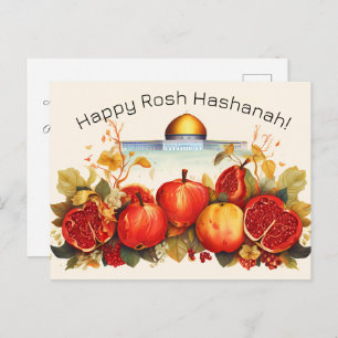 Cartão Postal Feliz Rosh Hashanah com Domo de Rock & apple