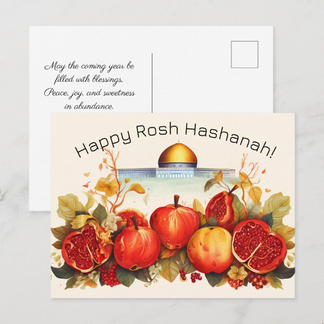 Cartão Postal Feliz Rosh Hashanah com Domo de Rock & apple (Frente/Verso)