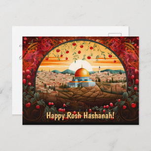 Cartão Postal Feliz Rosh Hashanah com Domo de Rock & Maçãs