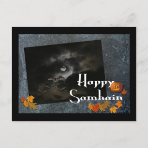 Cartão Postal Feliz Samhain!-Bats, Lua, Abóbora