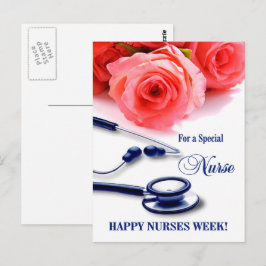 Cartão Postal Feliz Semana das Enfermeiras. Rosas e estetoscópio