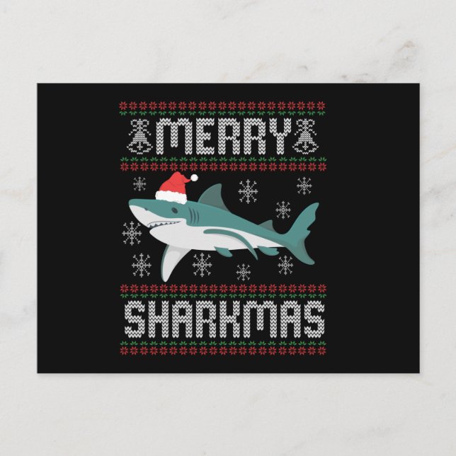 Cartão Postal Feliz Sharkmas Engraçado Tubarão de Natal Feio (Frente)