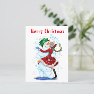 Cartão Postal Feliz Snowman e Rapariga Tango Feliz Natal