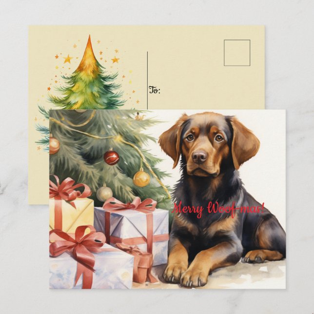 Cartão Postal Feliz Woof-mas Árvore de Cachorros Apresenta Natal (Frente/Verso)