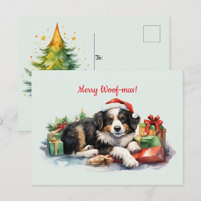 Cartão Postal Feliz Woof-mas Cachorro Papai Noel apresenta o Nat (Frente/Verso)