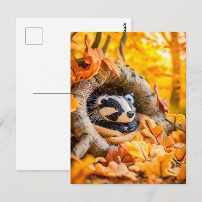 Cartão Postal Felt Badger na Floresta de outono (Frente/Verso)