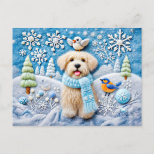 Cartão Postal Felt Dog em cena de inverno de neve