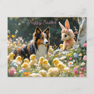 Cartão Postal Felz pascoa Collie e Pintinhos