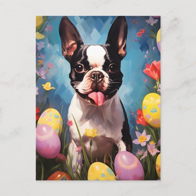 Cartão Postal Felz pascoa de Boston Terrier (Frente)