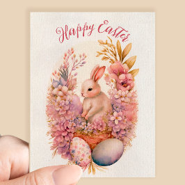 Cartão Postal Felz pascoa de cachaleira, flores, ovos de coelho