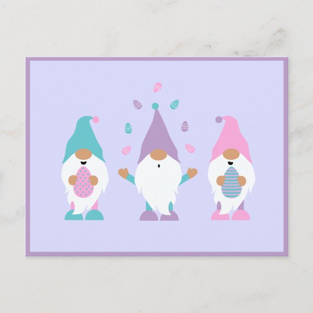 Cartão Postal Felz pascoa Gnomo Fazendo Malabarismo Com Ovos De  (Frente)