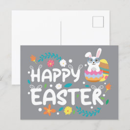 Cartão Postal Felz pascoa, Ovos, Coelhinhos E Flores
