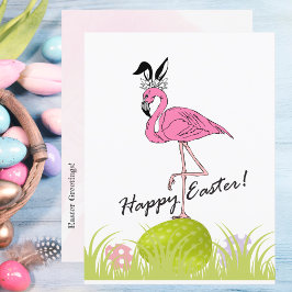 Cartão Postal Felz pascoa Rosa Flamingo Bunny Orelhas e Ovos