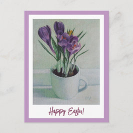 Cartão Postal Felz pascoa roxo crocusa vintage belice art