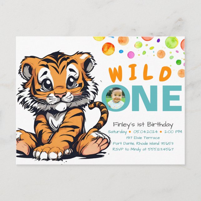 Cartão Postal Fera BÊBÊ Aniversário de 1 ano com Tigre & Bolhas (Frente)