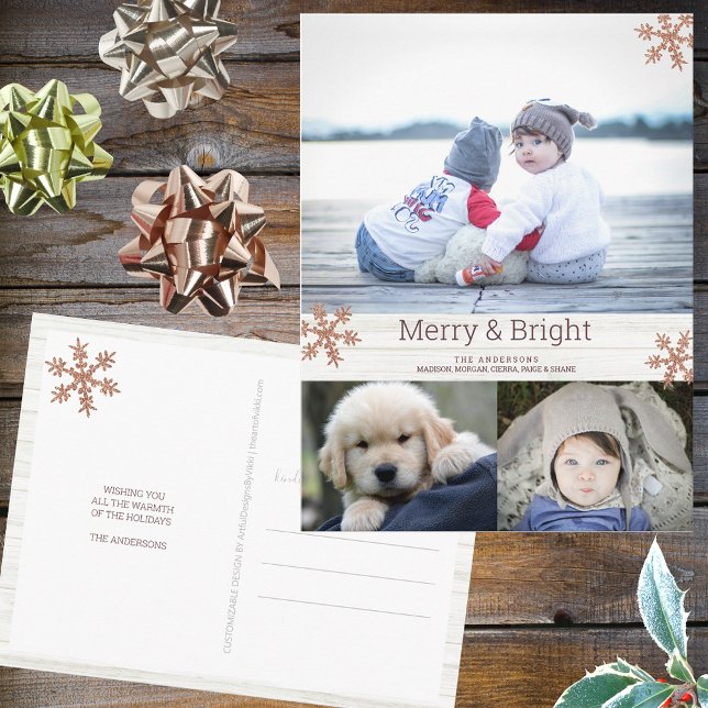 Cartão Postal Feriado de Colagem de Fotografias do Floco de Neve (Personalize these 3 photo Christmas postcards with your name, pictures and custom holiday greeting.)