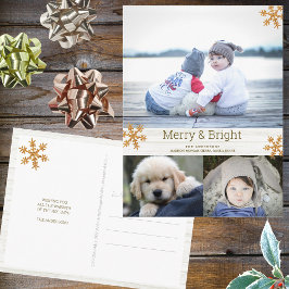 Cartão Postal Feriado de Colagem de Fotografias Dourado Snowflak