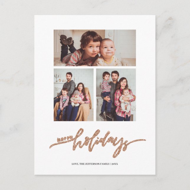 Cartão Postal Feriado de Colagem de Fotos do Rosegold Glitter Na (Frente)