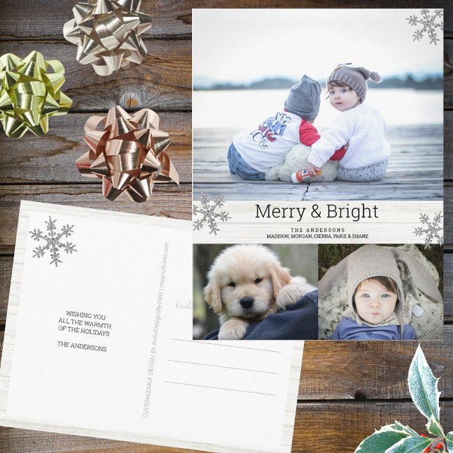 Cartão Postal Feriado de Colagem de Fotos Silver Snowflake 3 (Personalize this 3 photo Christmas postcard with your name, pictures and a custom holiday greeting.)