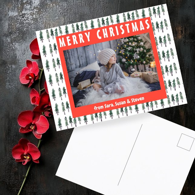Cartão Postal Feriado de FOTO PERSONALIZADO Pinheiros da Florest (Forest Pine Trees Watercolor CUSTOM PHOTO Holiday Christmas Postcard
)